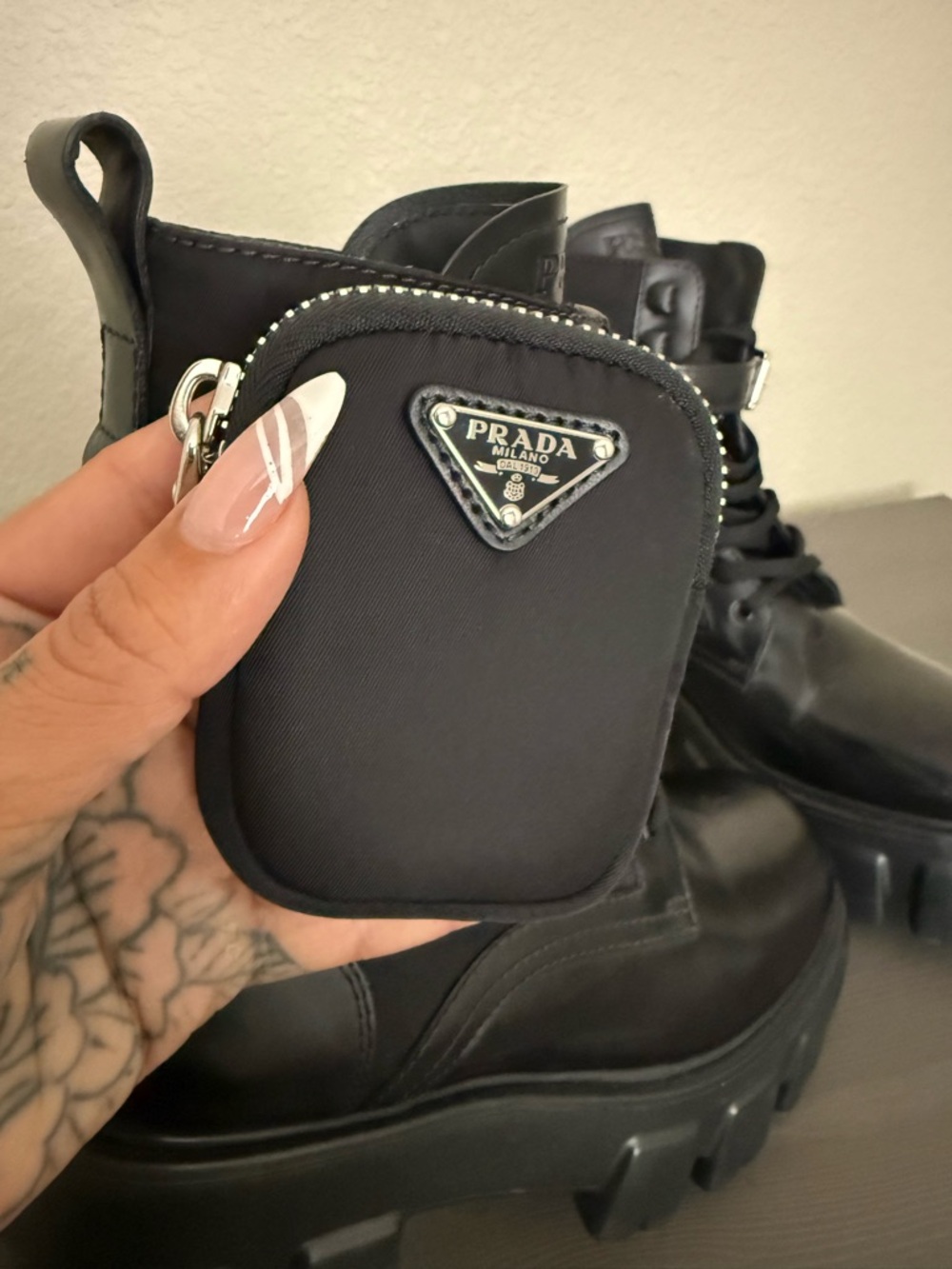 Prada Black Lug-Sole Combat Boots with Detachable Mini Pouch - Picture 8 of 10